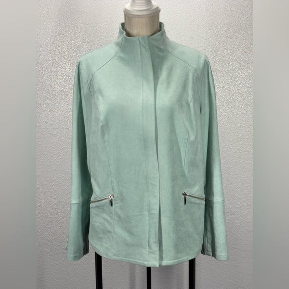 Chico's Jackets & Blazers - Chicos Micro Faux Suede Hidden Zip Moto Full Zip Blazer Jacket  Seamist Green 12